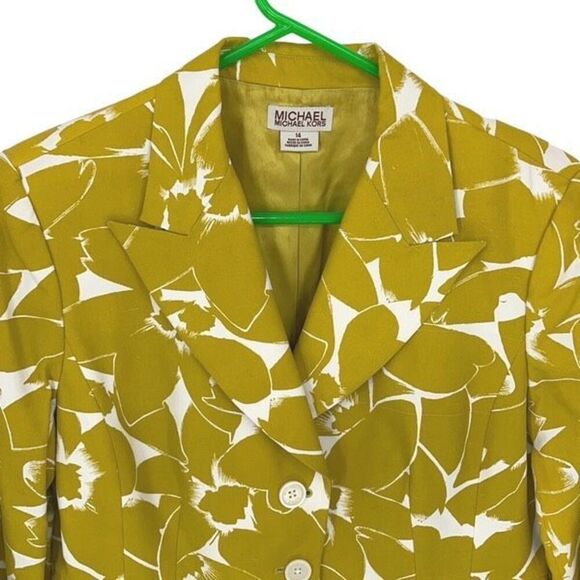 Michael Kors Womens Floral Peak Lapel Silk Blend‎ Blazer Jacket Lime Green Sz 14 - Picture 2 of 9